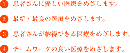 ①患者さんに優しい医療をめざします。
②最新・最良の医療をめざします。
③患者さんが納得できる医療をめざします。
④チームワークの良い医療をめざします。